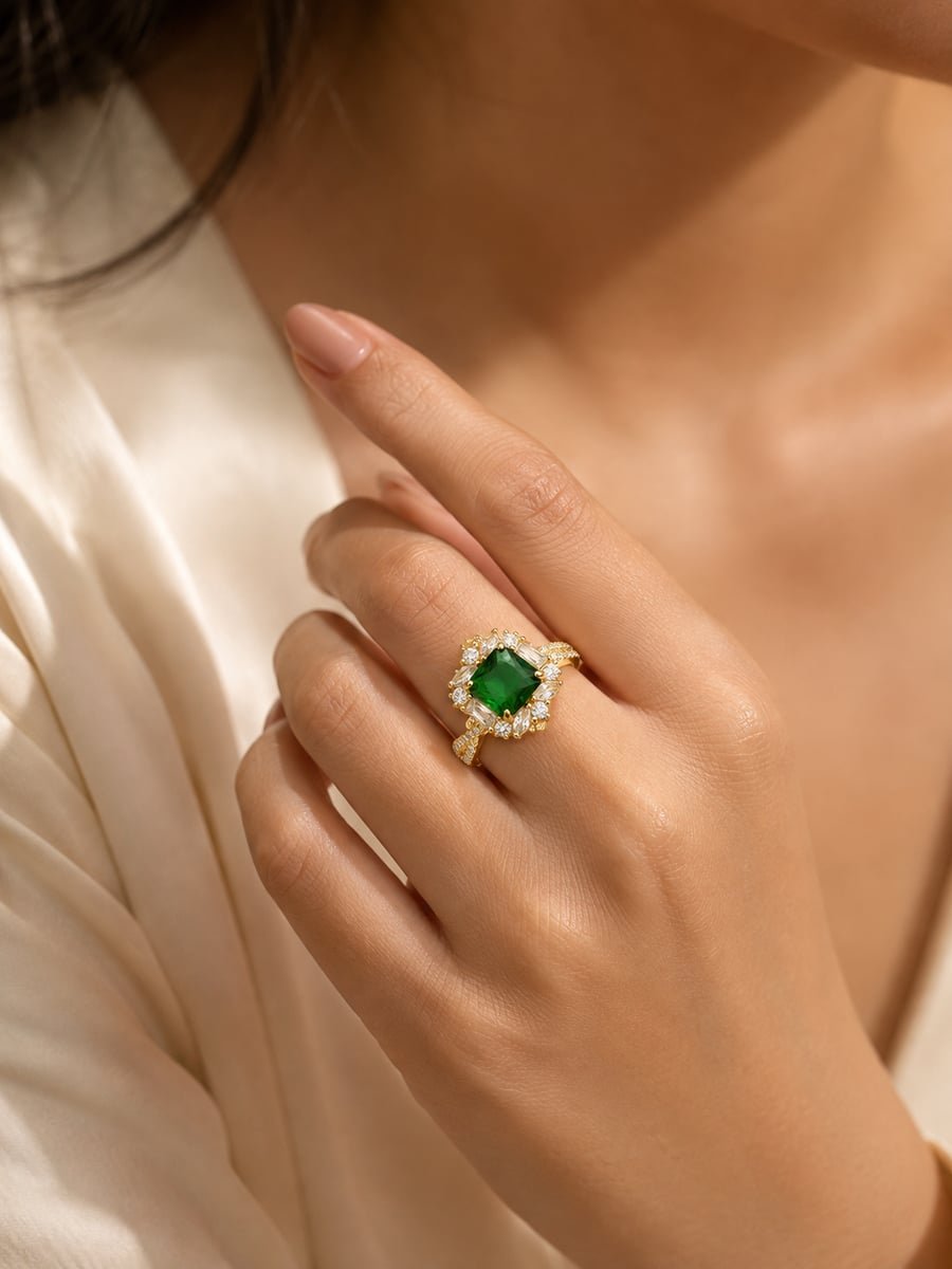 Adjustable Green Stone Halo Ring – 18K Gold Plated - view 2