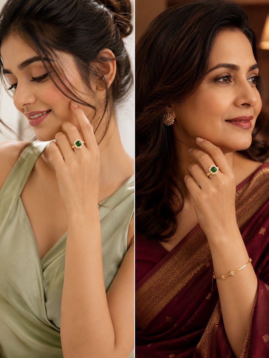 Adjustable Green Stone Halo Ring – 18K Gold Plated - view 3