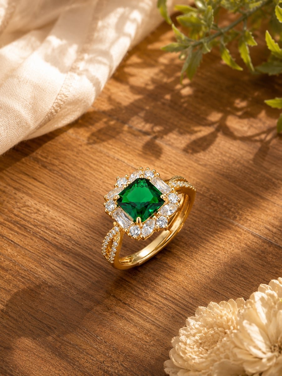 Adjustable Green Stone Halo Ring – 18K Gold Plated - view 4