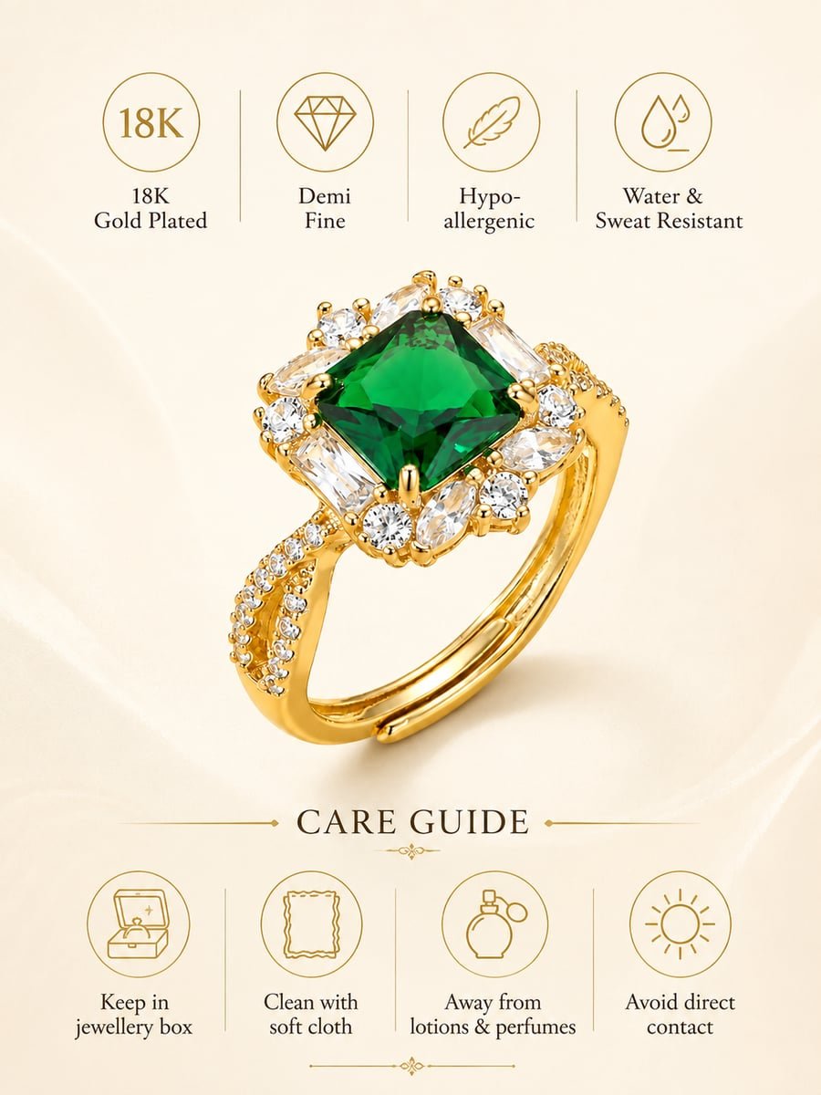 Adjustable Green Stone Halo Ring – 18K Gold Plated - view 6