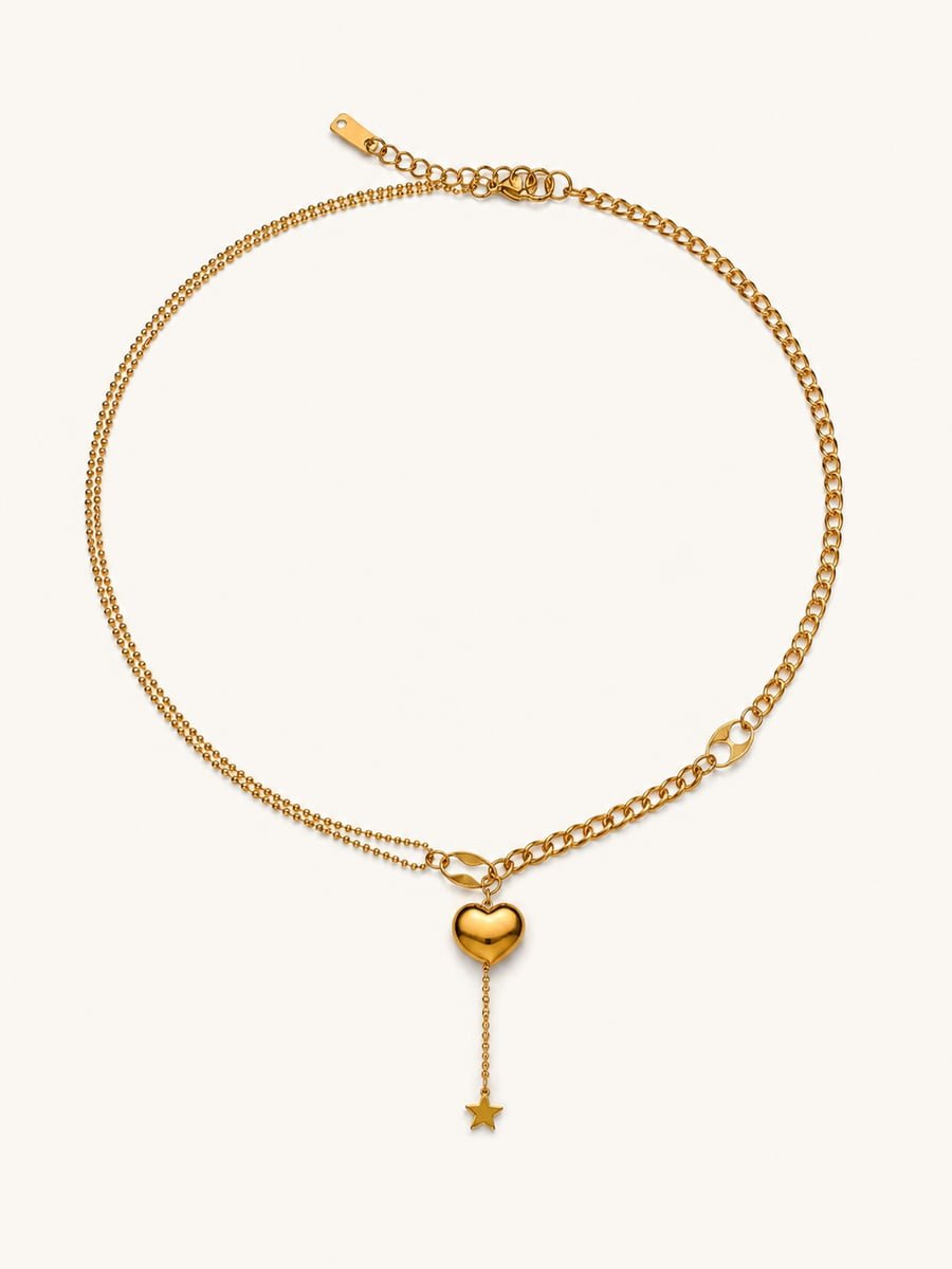 Asymmetric Heart Necklace with Star Drop – 18K Gold Plated