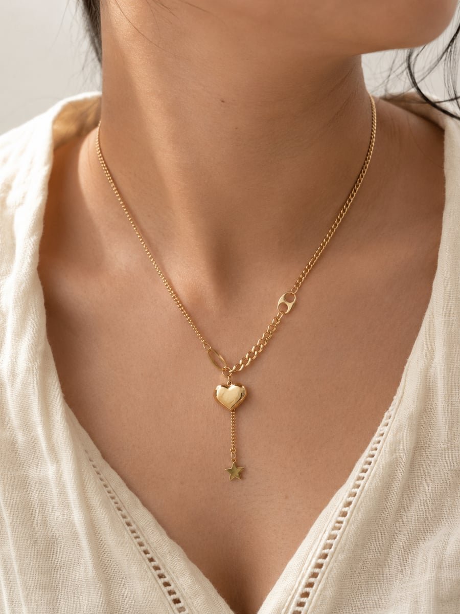 Asymmetric Heart Necklace with Star Drop – 18K Gold Plated - view 2