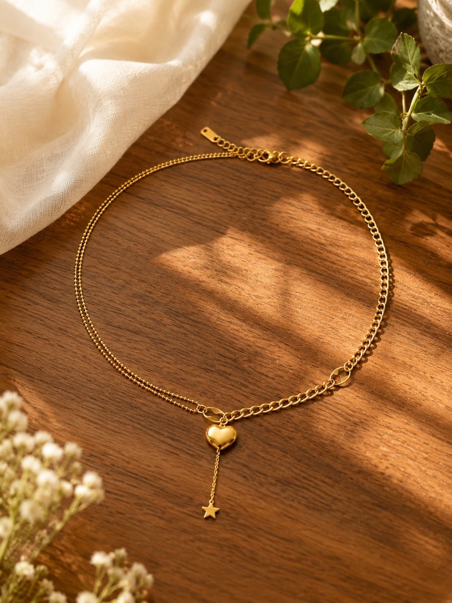 Asymmetric Heart Necklace with Star Drop – 18K Gold Plated - view 4