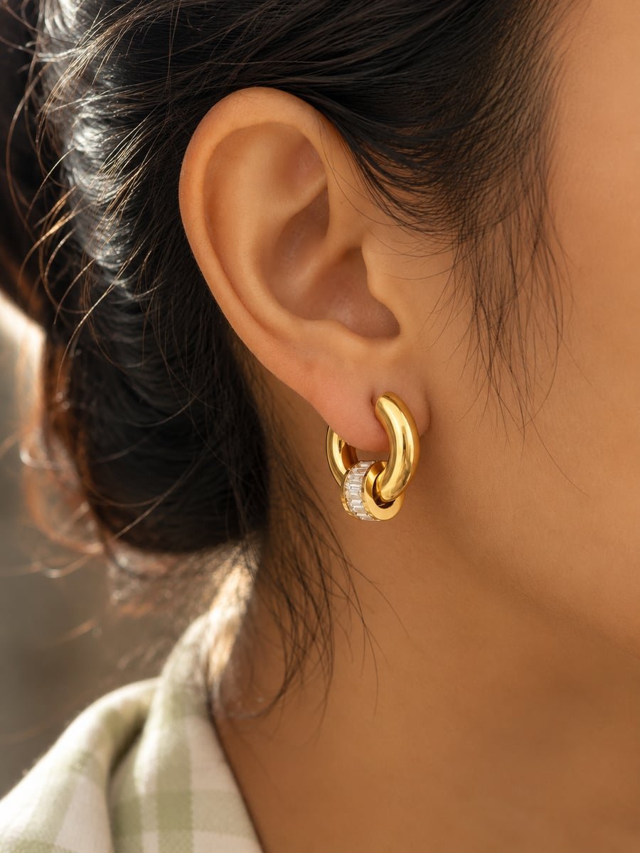 Baguette CZ Charm Chunky Hoop Earrings – Demi-Fine Gold - view 2