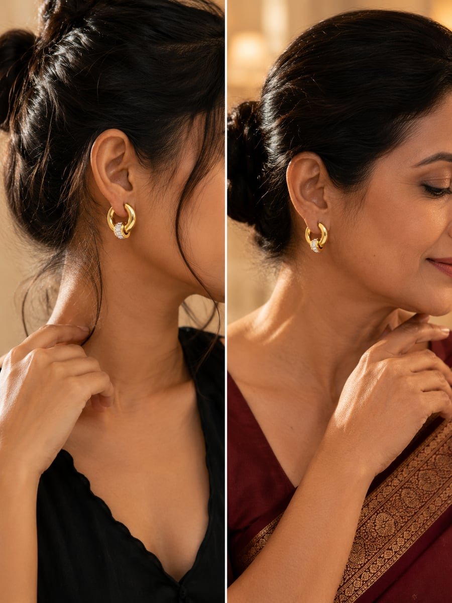Baguette CZ Charm Chunky Hoop Earrings – Demi-Fine Gold - view 3