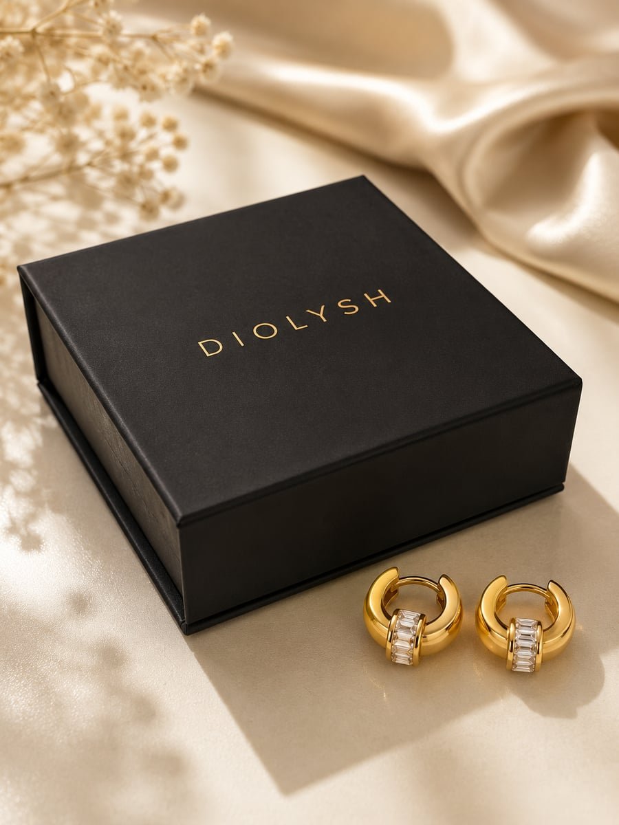 Baguette CZ Charm Chunky Hoop Earrings – Demi-Fine Gold - view 5