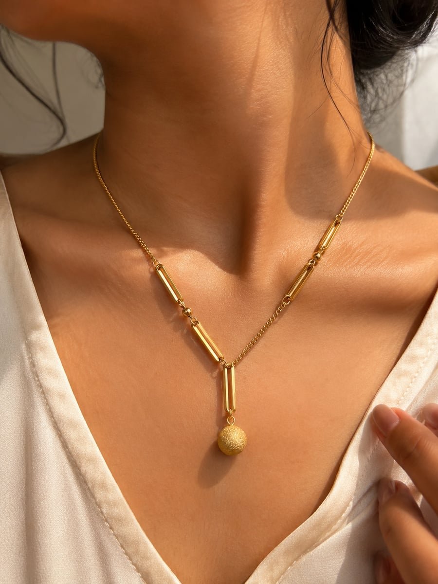 Bar Link Textured Ball Y-Necklace – Demi-Fine Gold - view 2