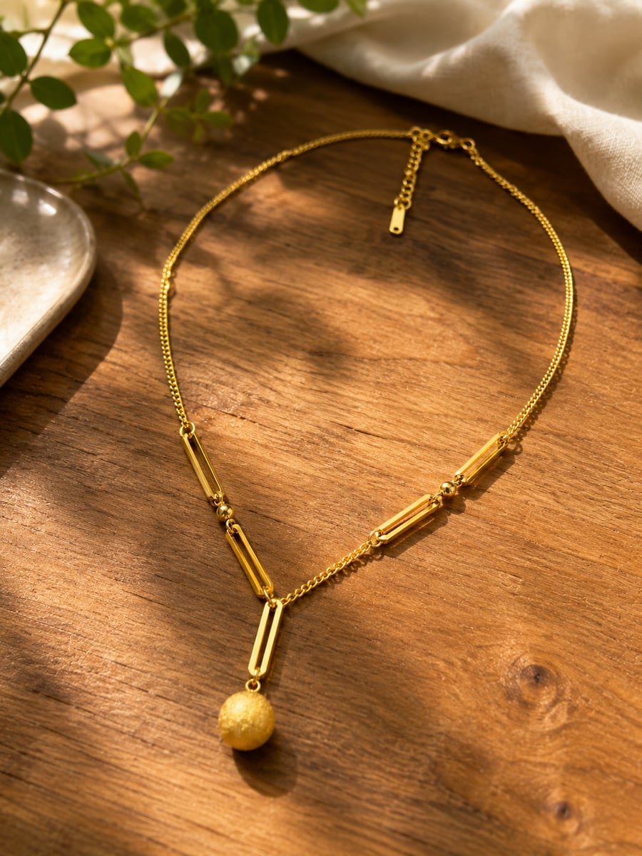 Bar Link Textured Ball Y-Necklace – Demi-Fine Gold - view 4