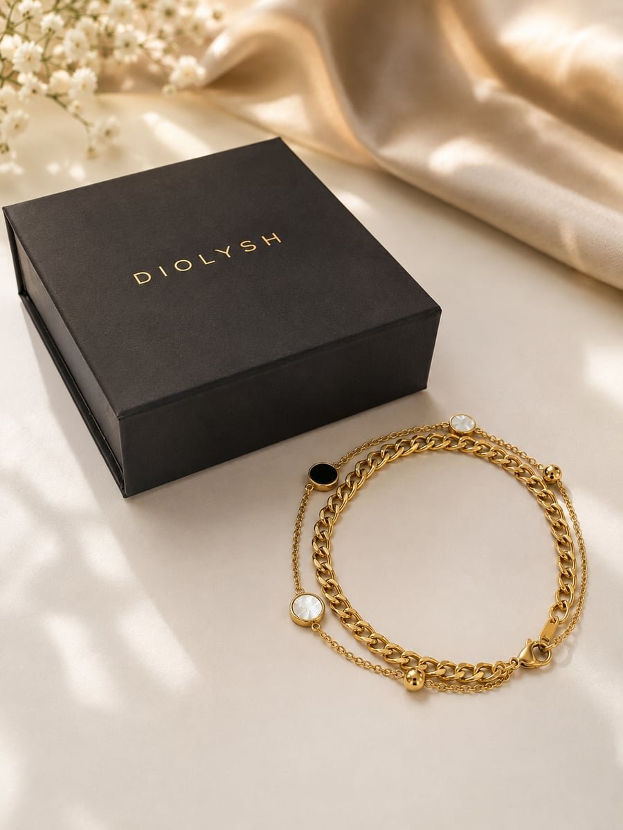 Black and White Disc Double Chain Bracelet – Demi-Fine Gold - view 5