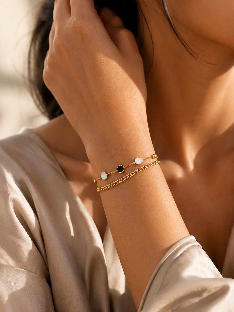 Black and White Disc Double Chain Bracelet – Demi-Fine Gold - view 2