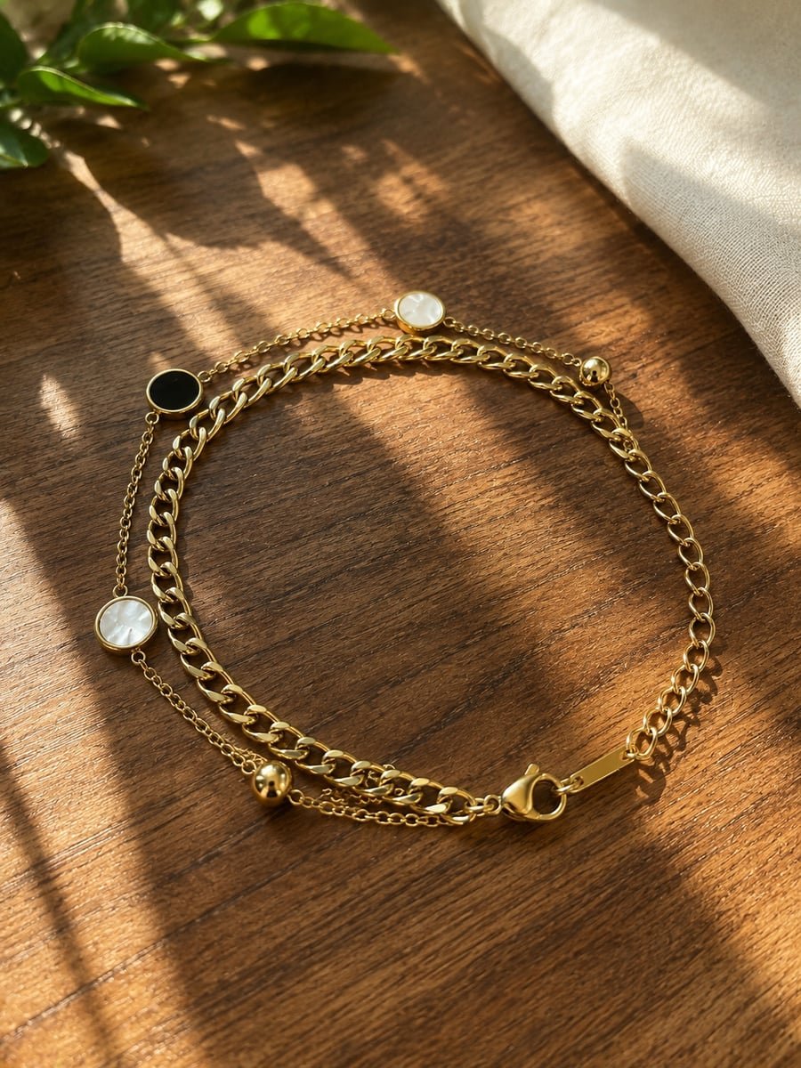 Black and White Disc Double Chain Bracelet – Demi-Fine Gold - view 4