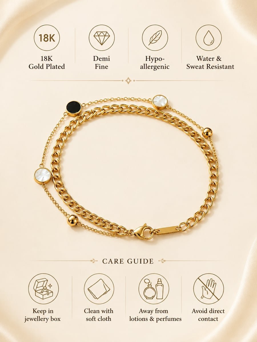 Black and White Disc Double Chain Bracelet – Demi-Fine Gold - view 6