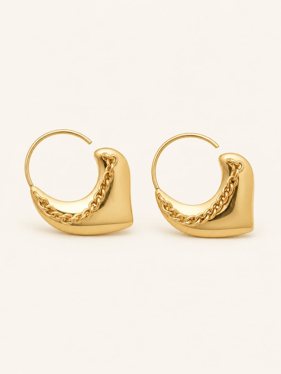 Chunky Chain Heart Hoop Earrings, Anti-Tarnish Gold
