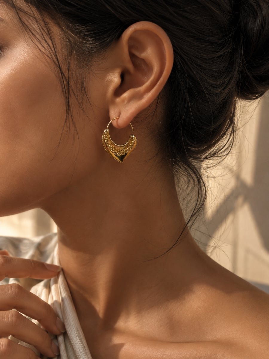 Chunky Chain Heart Hoop Earrings, Anti-Tarnish Gold - view 2