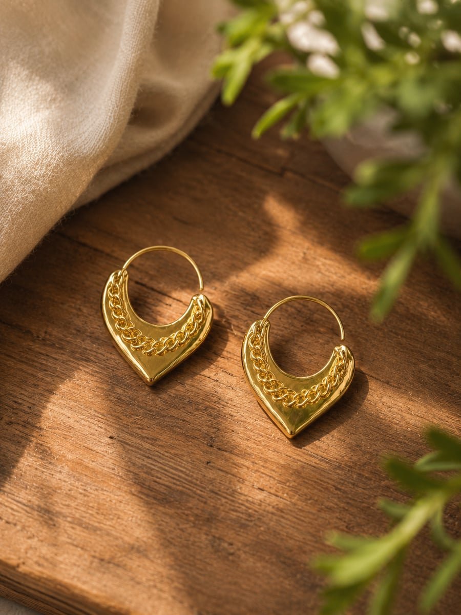 Chunky Chain Heart Hoop Earrings, Anti-Tarnish Gold - view 4