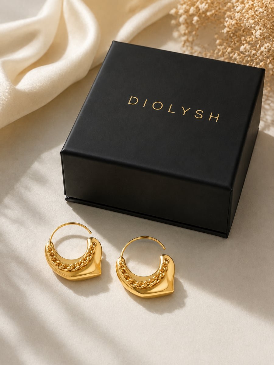 Chunky Chain Heart Hoop Earrings, Anti-Tarnish Gold - view 5
