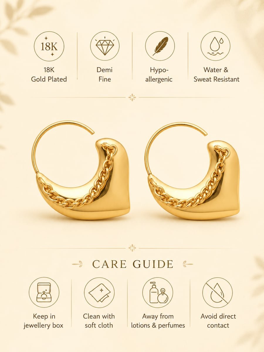 Chunky Chain Heart Hoop Earrings, Anti-Tarnish Gold - view 6