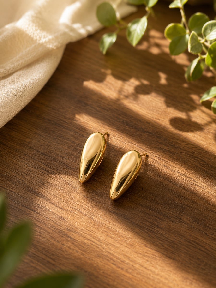 Chunky Teardrop Stud Earrings, Anti-Tarnish Gold - view 4