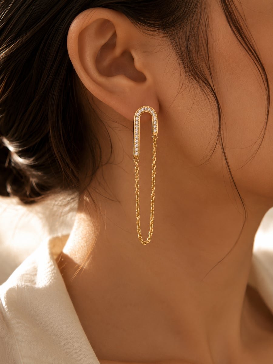 CZ Arch Chain Dangle Earrings – 18K Gold Plated - view 2