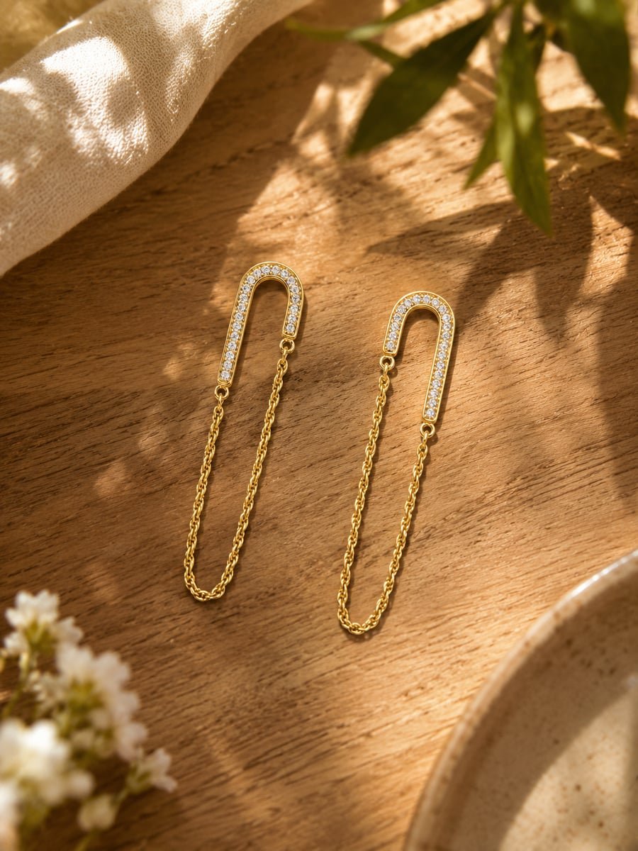 CZ Arch Chain Dangle Earrings – 18K Gold Plated - view 3