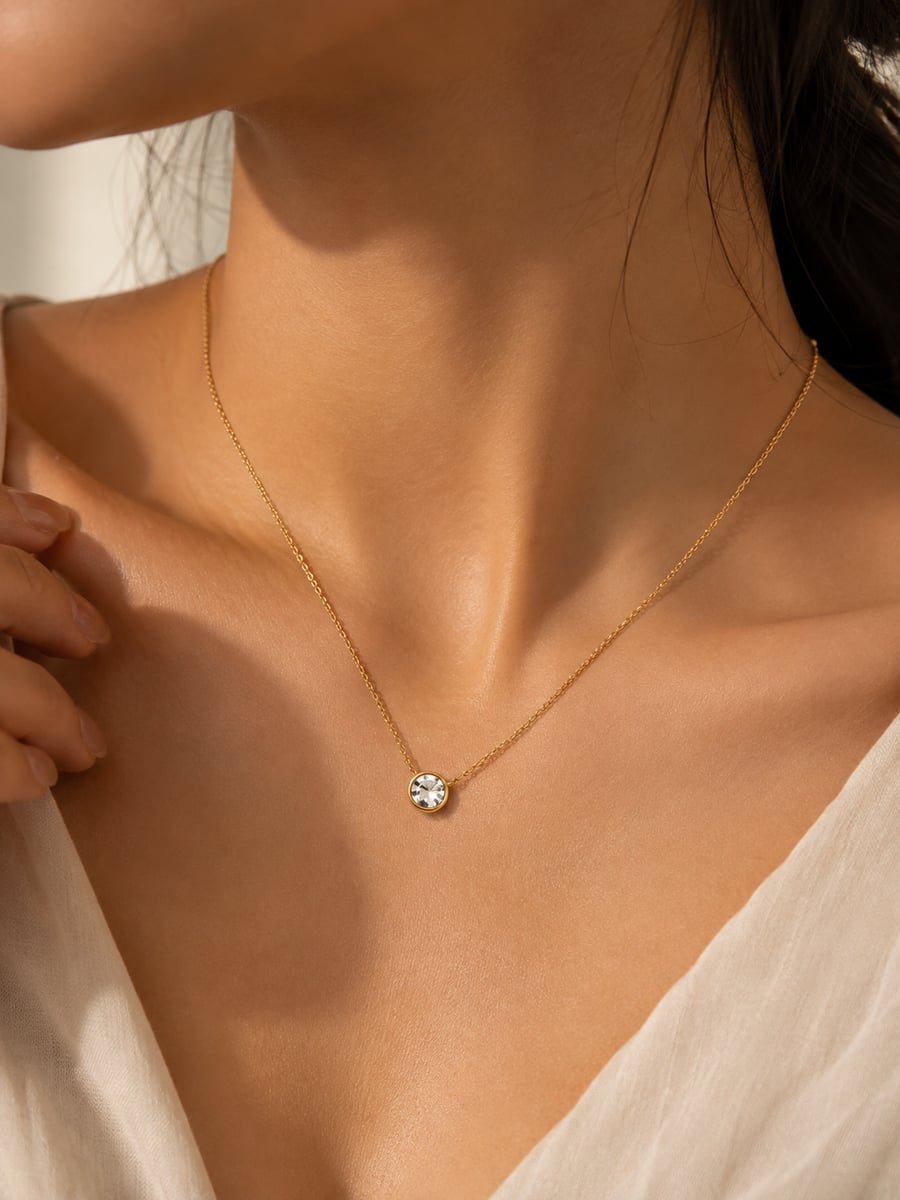 CZ Bezel Solitaire Pendant Necklace – 18K Gold Plated - view 2