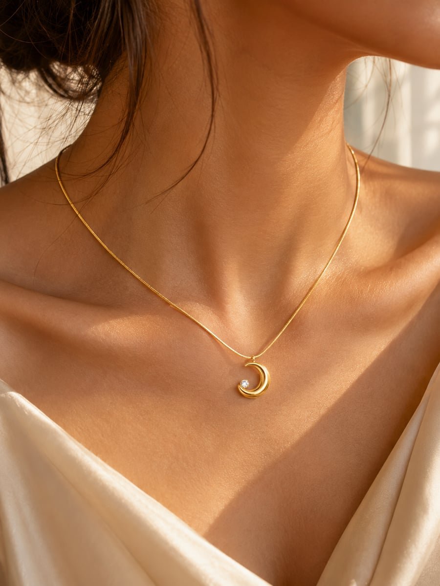 CZ Crescent Moon Necklace – Anti-Tarnish 18K Gold - view 2