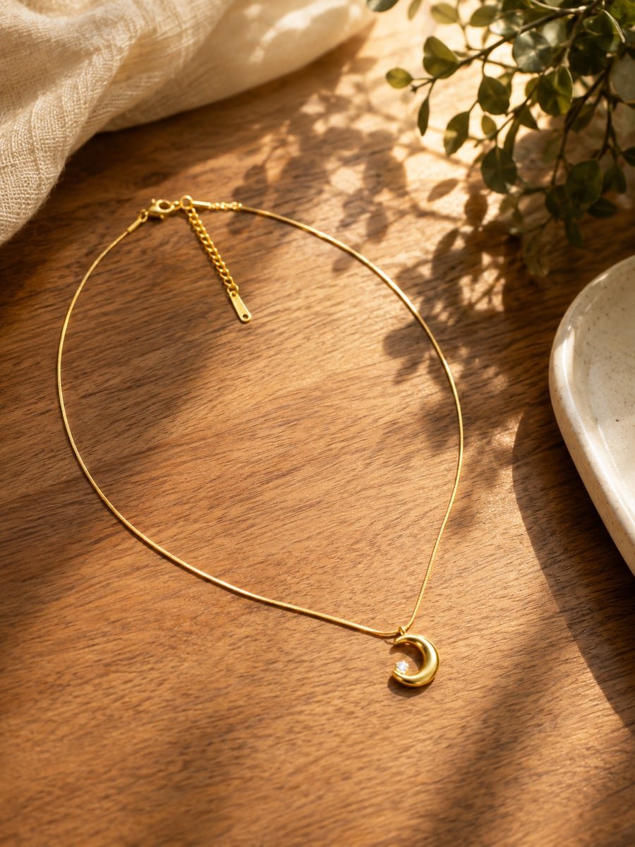 CZ Crescent Moon Necklace – Anti-Tarnish 18K Gold - view 4
