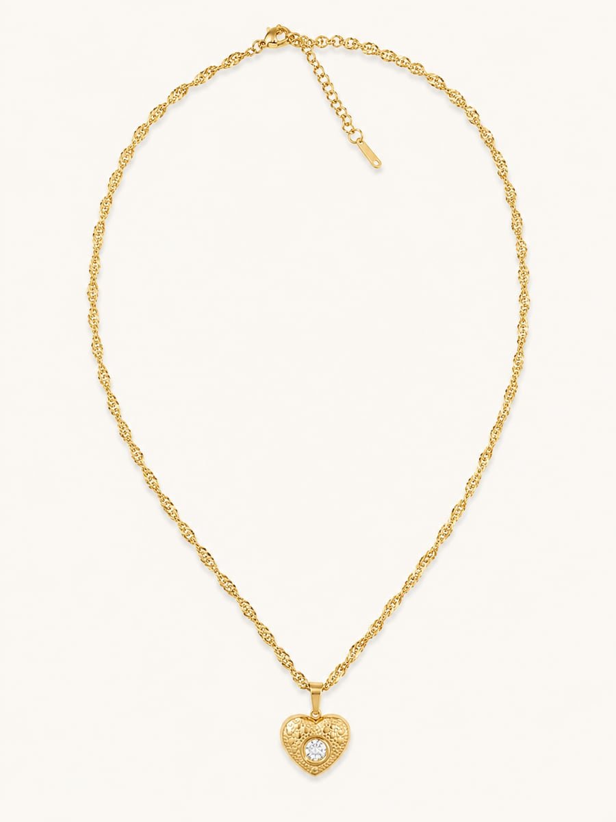 CZ Engraved Heart Necklace – 18K Gold Plated