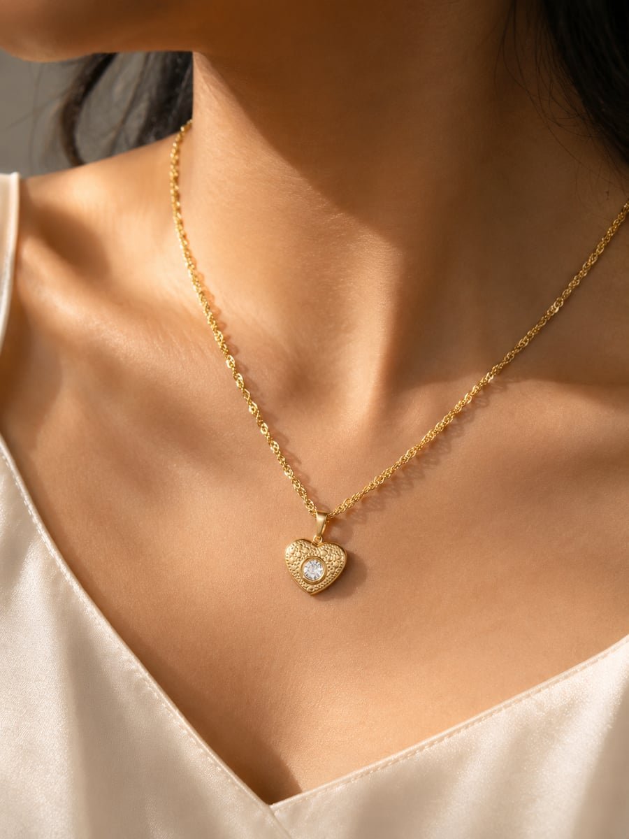 CZ Engraved Heart Necklace – 18K Gold Plated - view 2