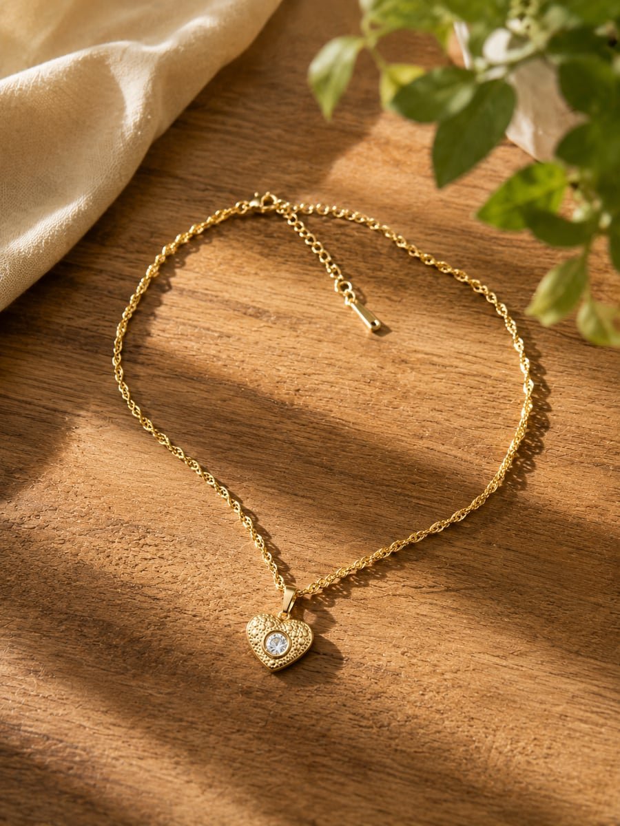 CZ Engraved Heart Necklace – 18K Gold Plated - view 4