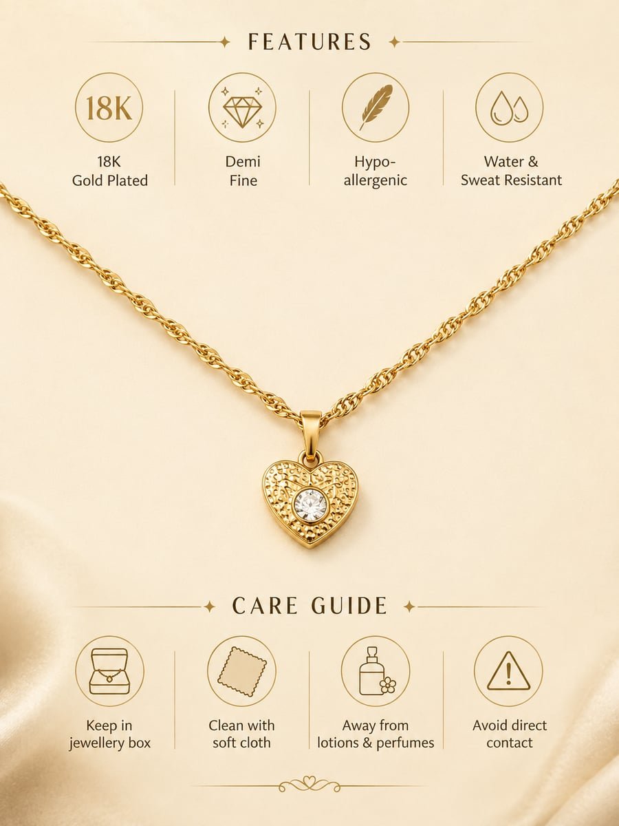 CZ Engraved Heart Necklace – 18K Gold Plated - view 6