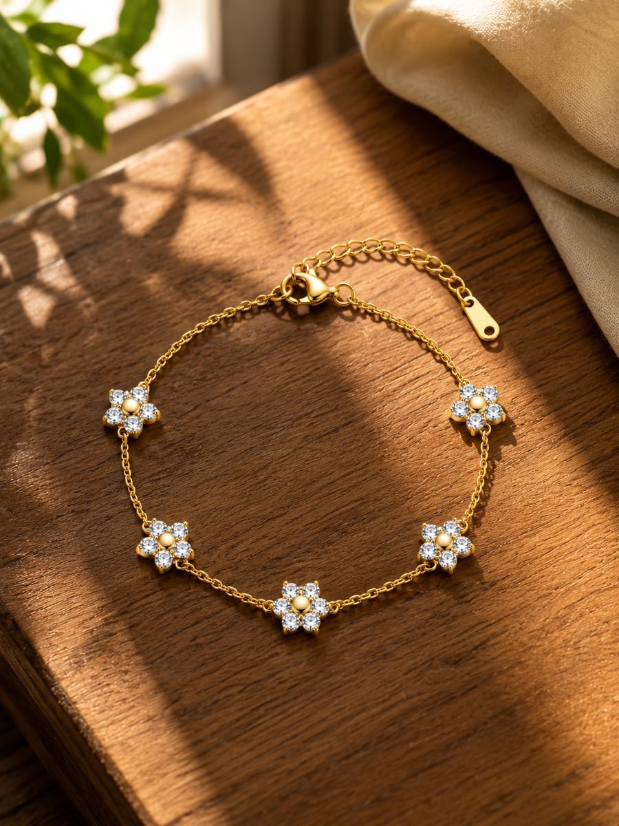 CZ Flower Chain Bracelet – 18K Gold Plated - view 4