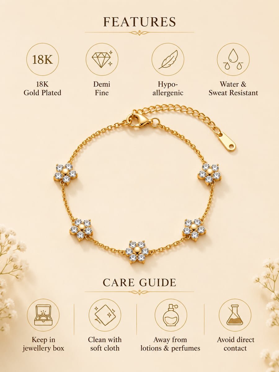 CZ Flower Chain Bracelet – 18K Gold Plated - view 6