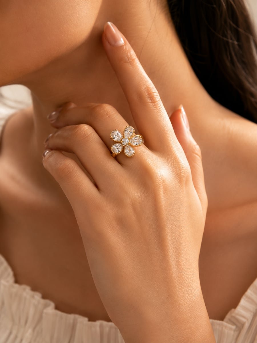 CZ Flower Cocktail Ring – Demi-Fine Gold - view 2