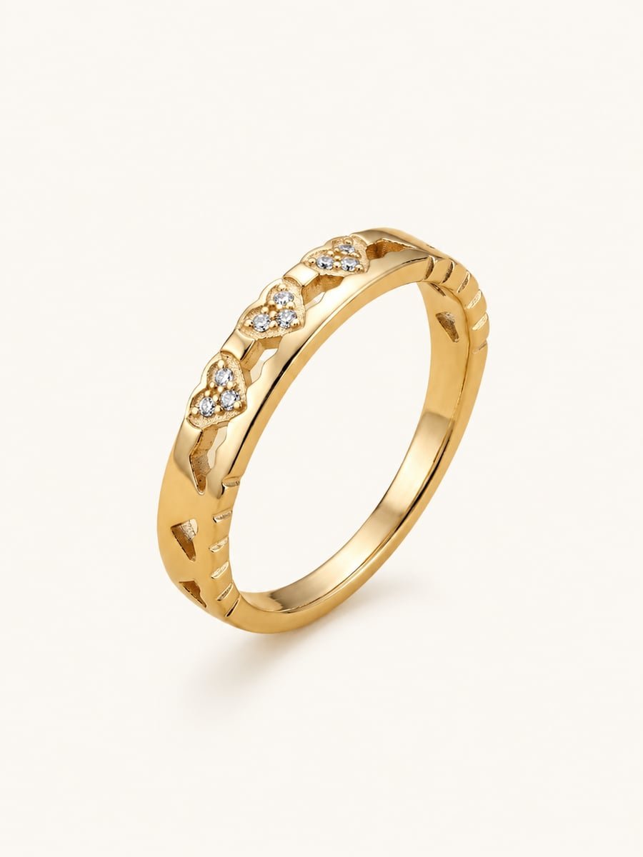 CZ Heart Band Ring with Openwork – 18K Gold Plated