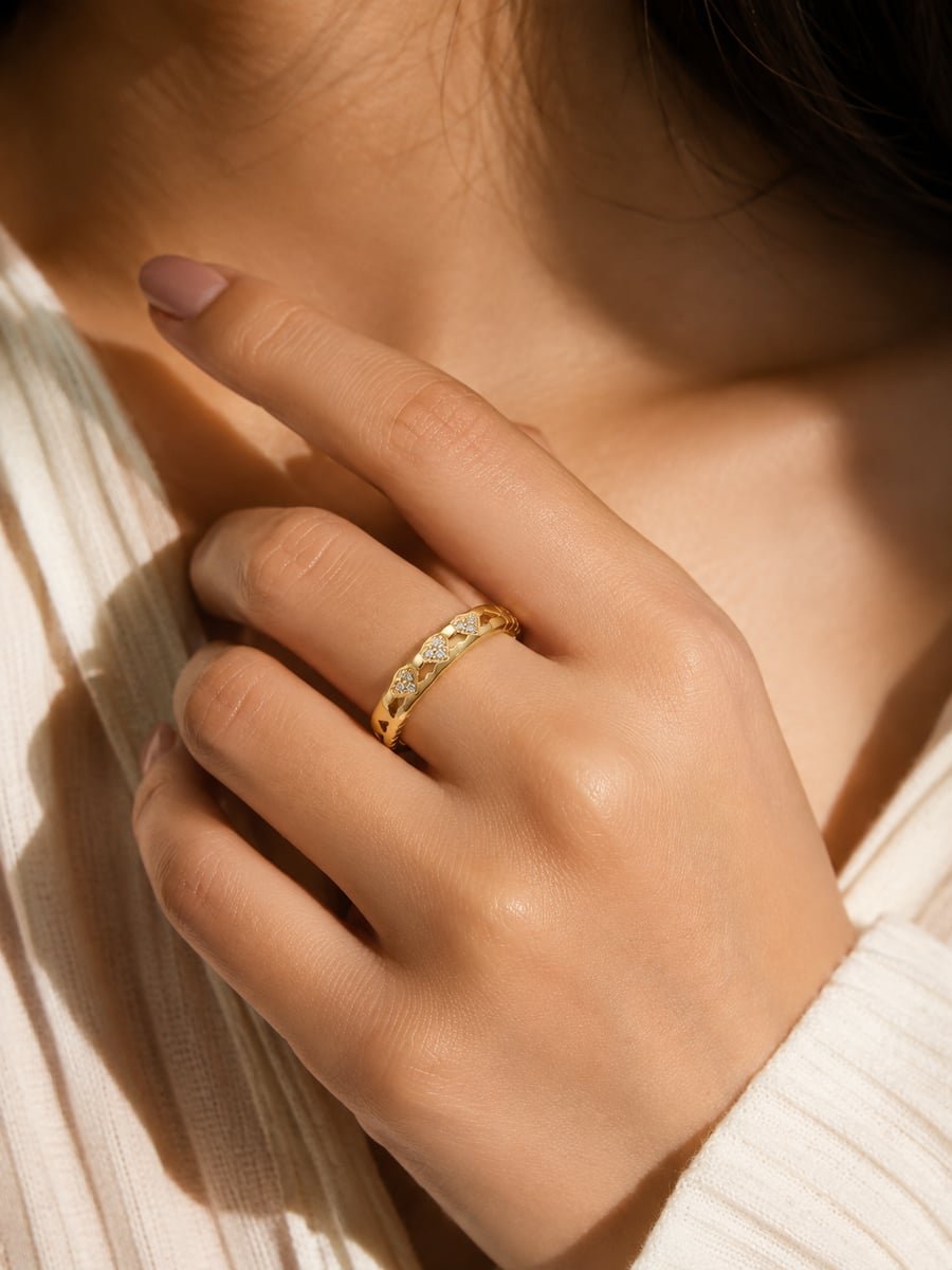 CZ Heart Band Ring with Openwork – 18K Gold Plated - view 2