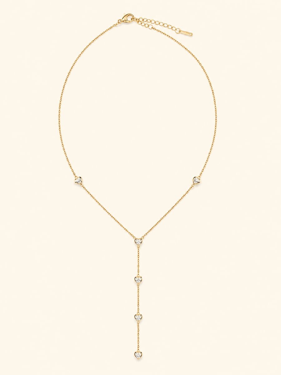 CZ Heart Lariat Necklace, Anti-Tarnish Gold