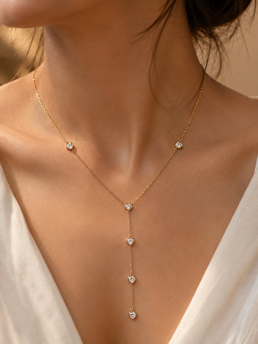 CZ Heart Lariat Necklace, Anti-Tarnish Gold - view 2