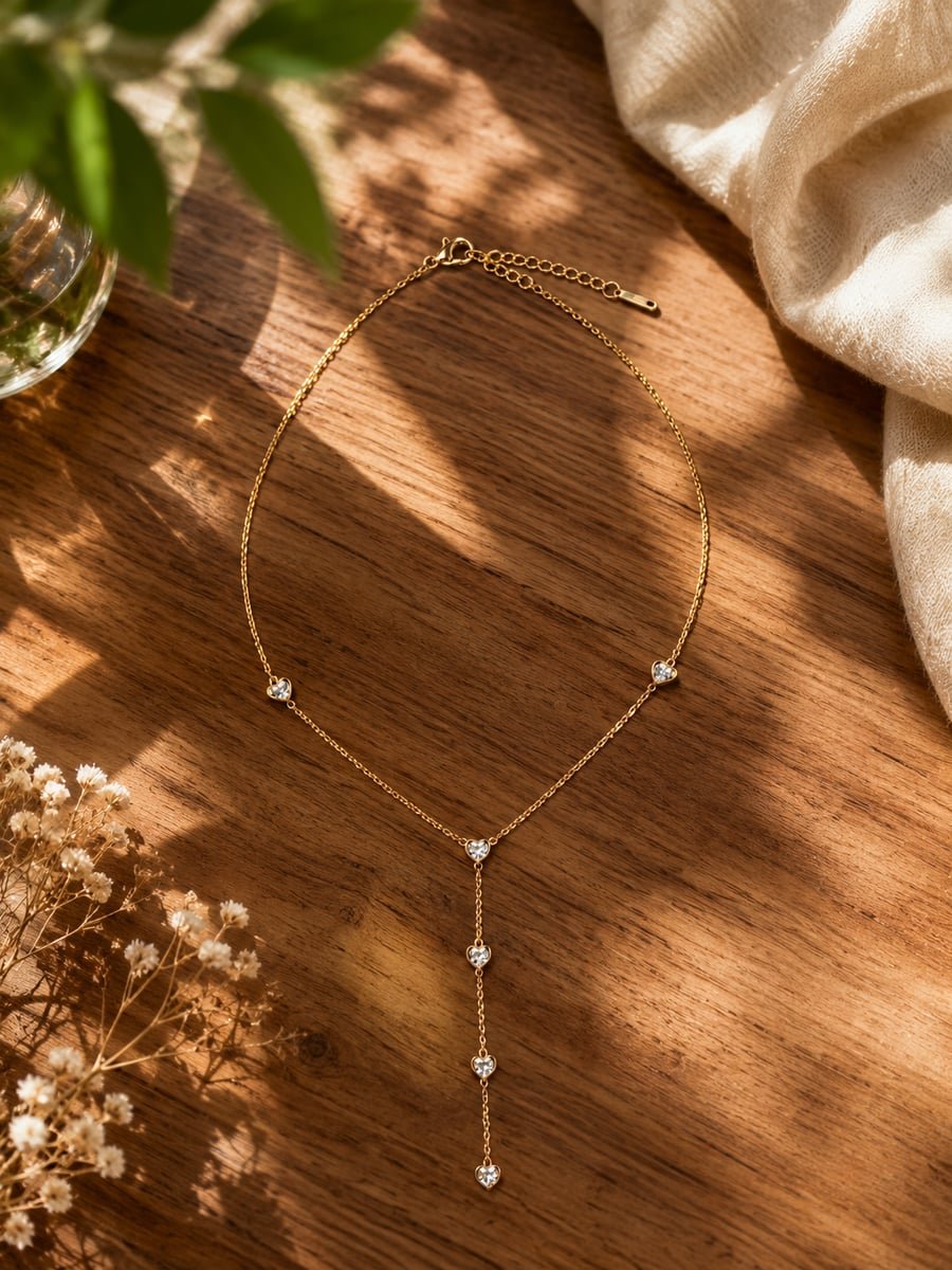 CZ Heart Lariat Necklace, Anti-Tarnish Gold - view 4