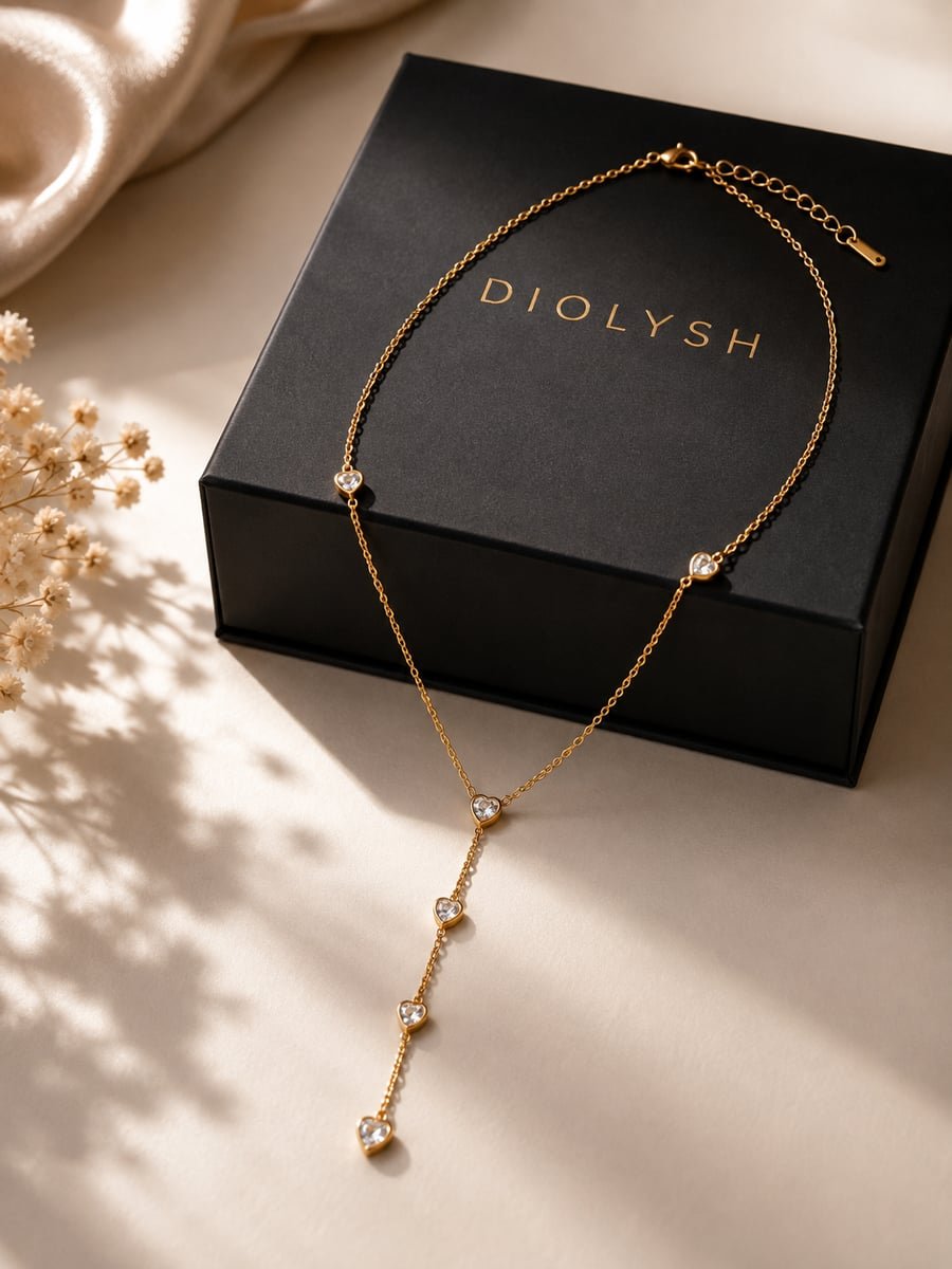 CZ Heart Lariat Necklace, Anti-Tarnish Gold - view 5