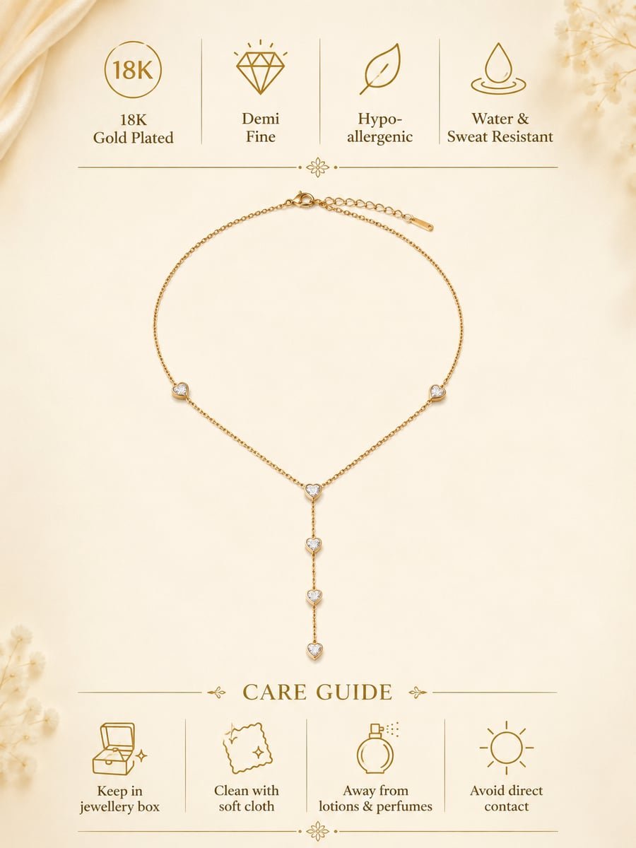 CZ Heart Lariat Necklace, Anti-Tarnish Gold - view 6