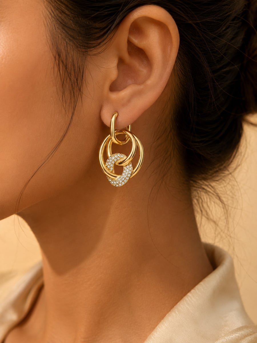 CZ Interlinked Ring Link Dangle Earrings – Demi-Fine Gold - view 2