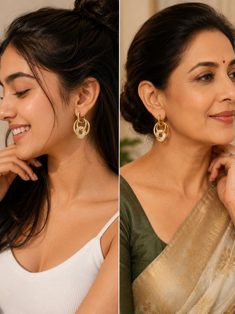 CZ Interlinked Ring Link Dangle Earrings – Demi-Fine Gold - view 3