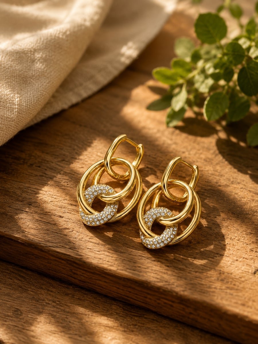 CZ Interlinked Ring Link Dangle Earrings – Demi-Fine Gold - view 4