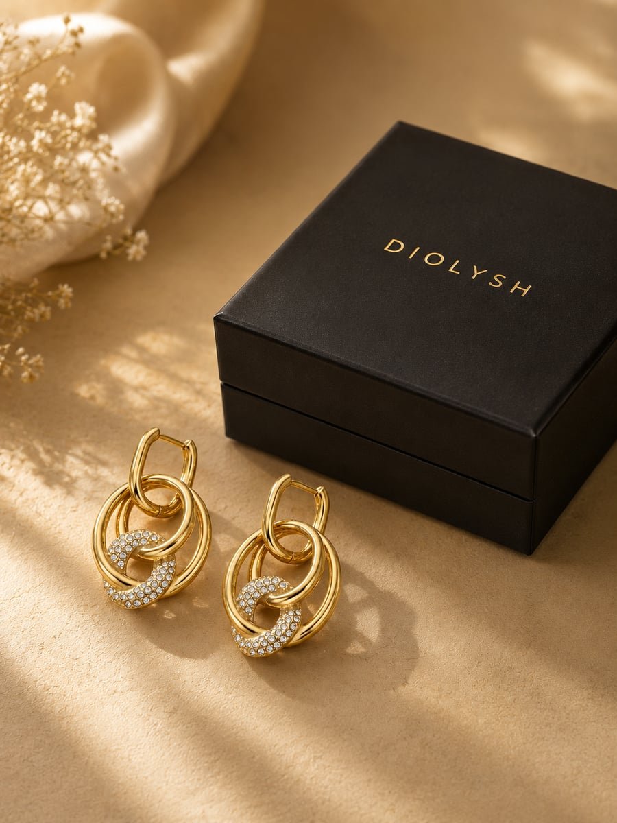 CZ Interlinked Ring Link Dangle Earrings – Demi-Fine Gold - view 5