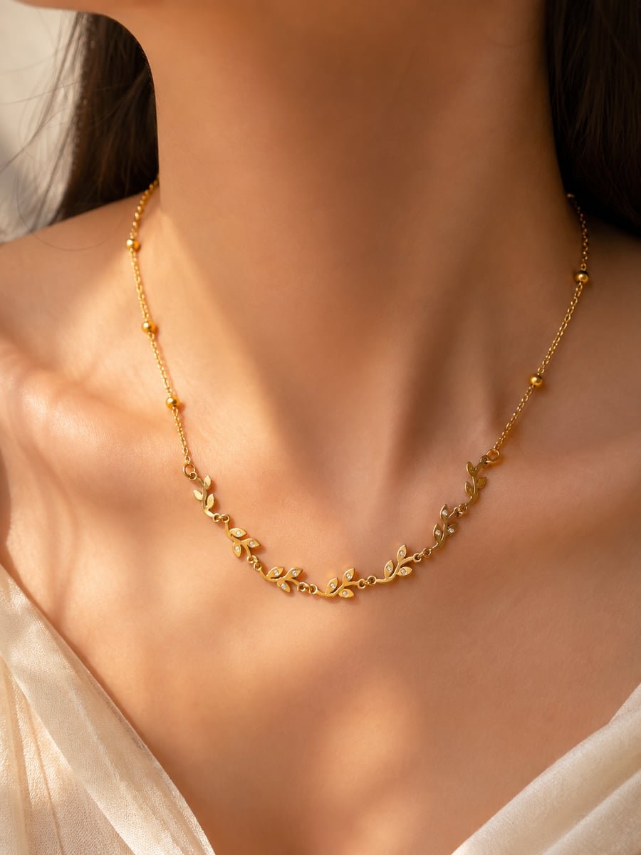 CZ Leaf Vine Necklace – Anti-Tarnish 18K Gold - view 2