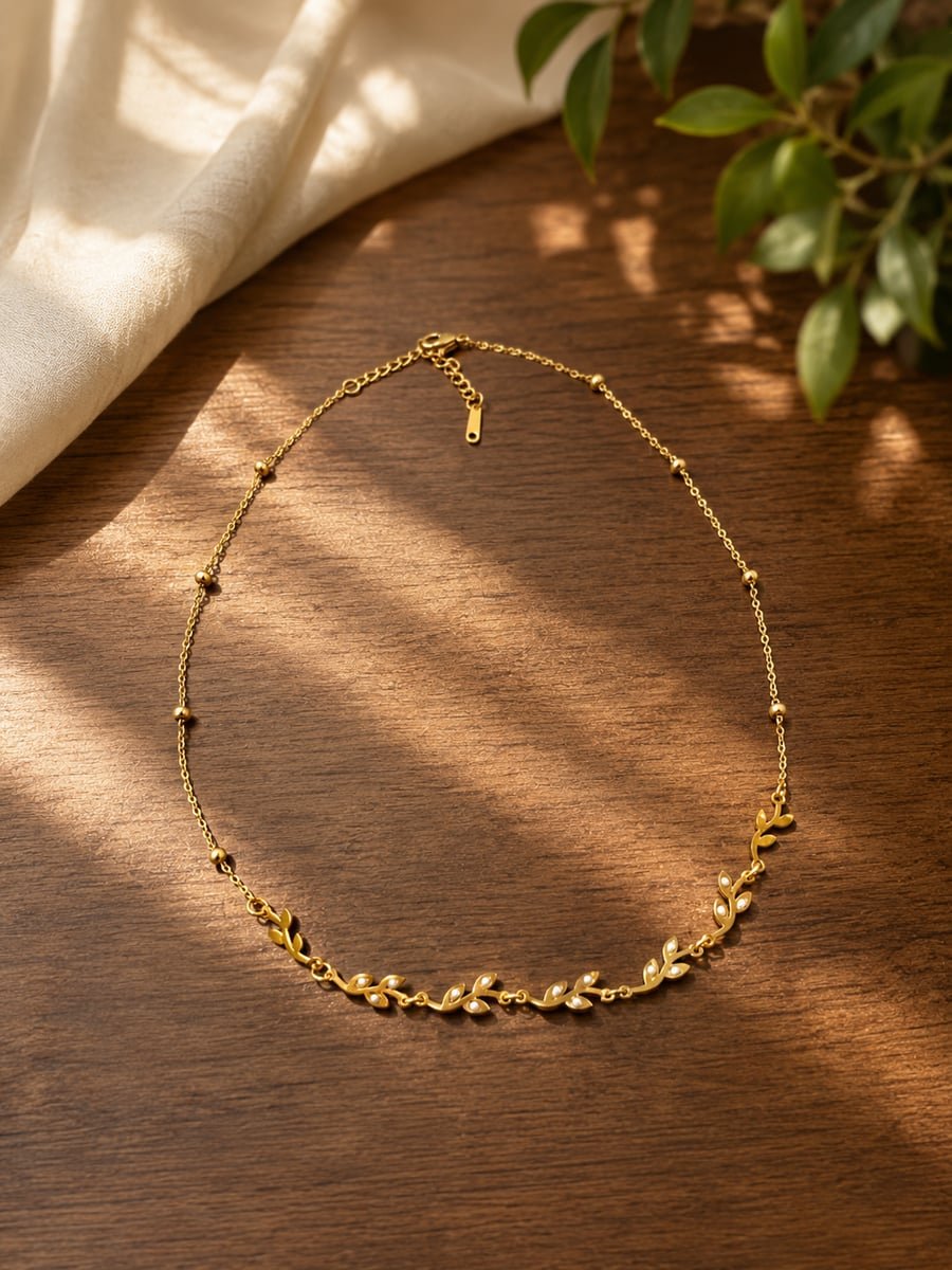 CZ Leaf Vine Necklace – Anti-Tarnish 18K Gold - view 4
