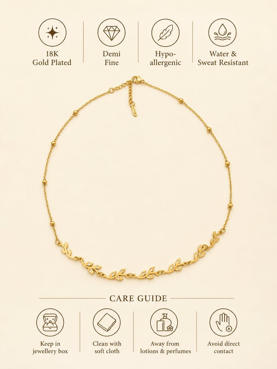 CZ Leaf Vine Necklace – Anti-Tarnish 18K Gold - view 6