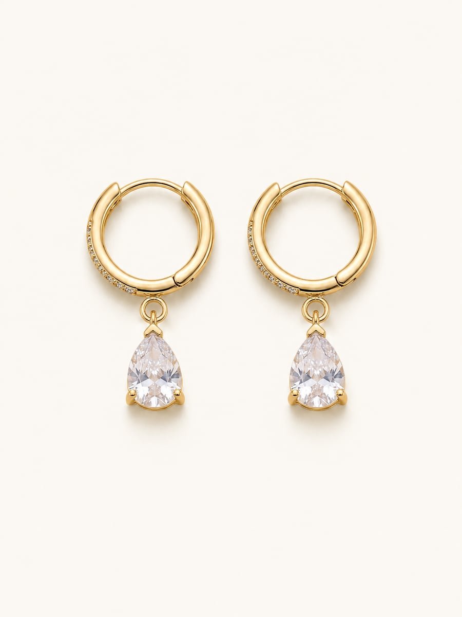 CZ Pear Drop Earrings on Huggies, Anti-Tarnish Gold