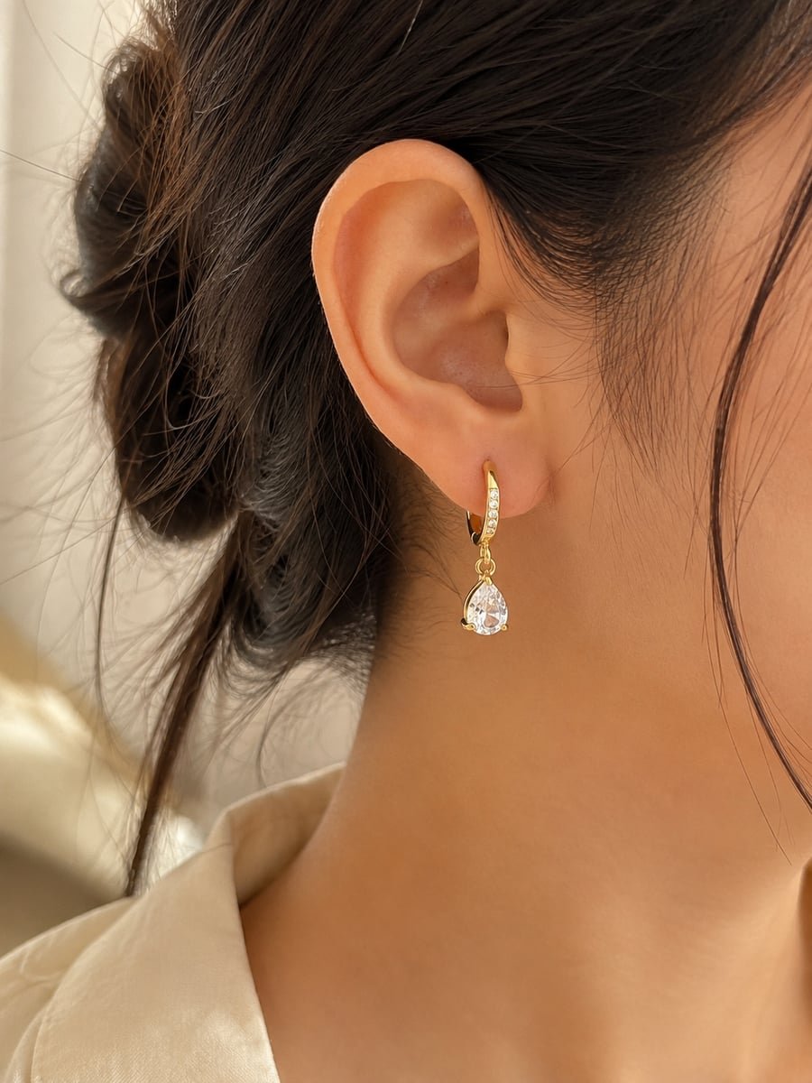 CZ Pear Drop Earrings on Huggies, Anti-Tarnish Gold - view 2